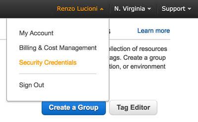 Navigating AWS menu to the security credentials page