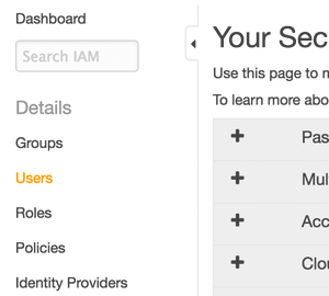Link in the security credentials sidebar to IAM users section